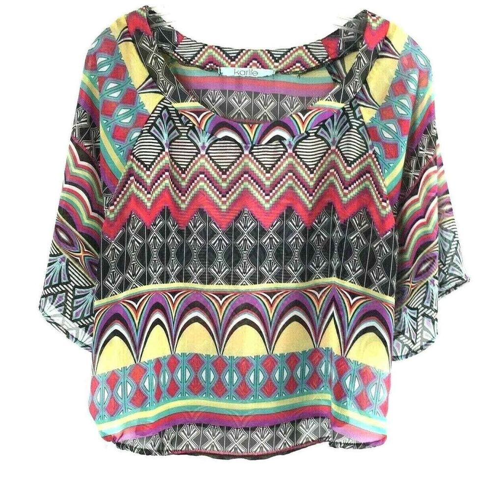 Karlie Top Womens Small Sheer Batwing Sleeves Boho Crop Blouse